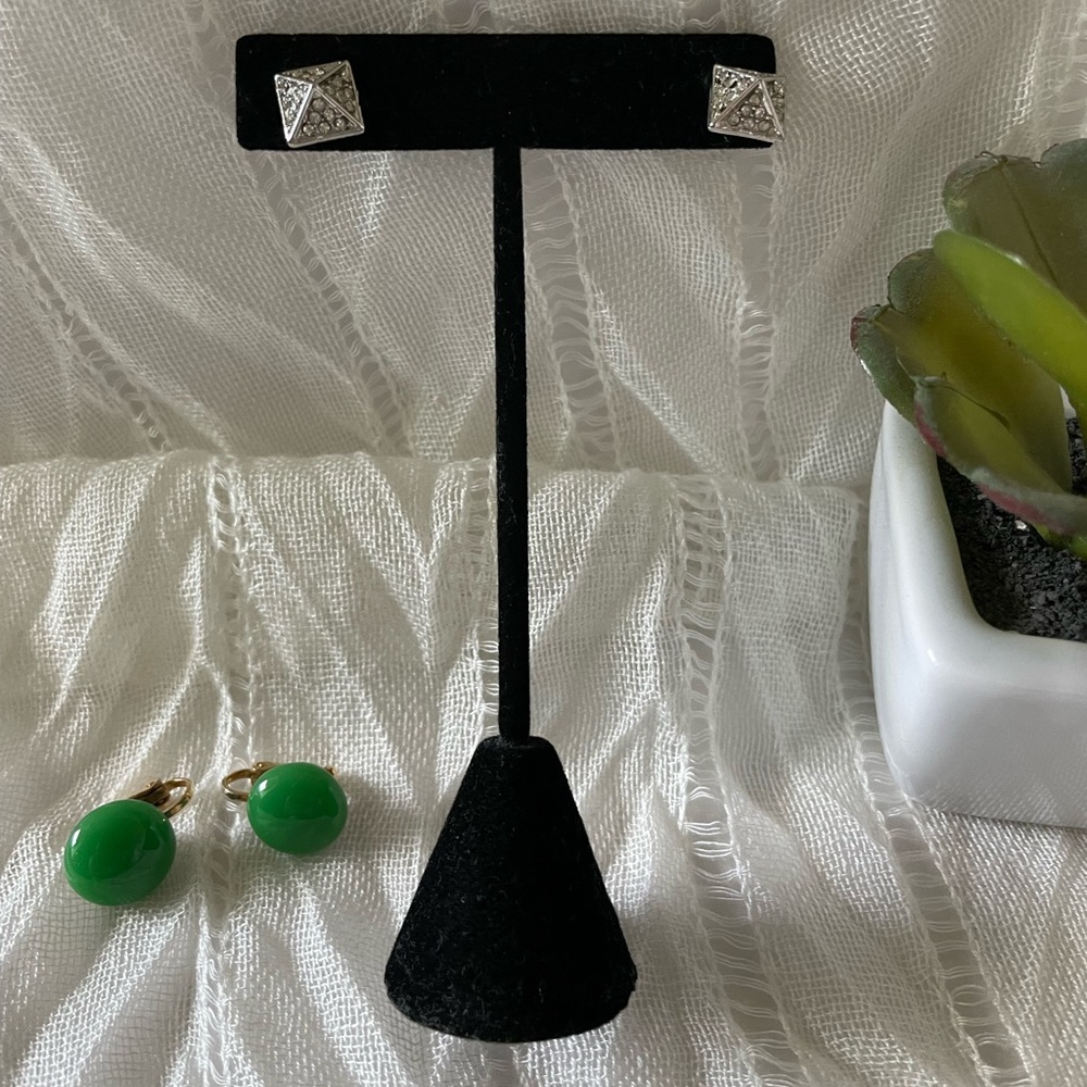 Green bead clip on, triangle pointed rhinestone back post earrings - 2 pairs